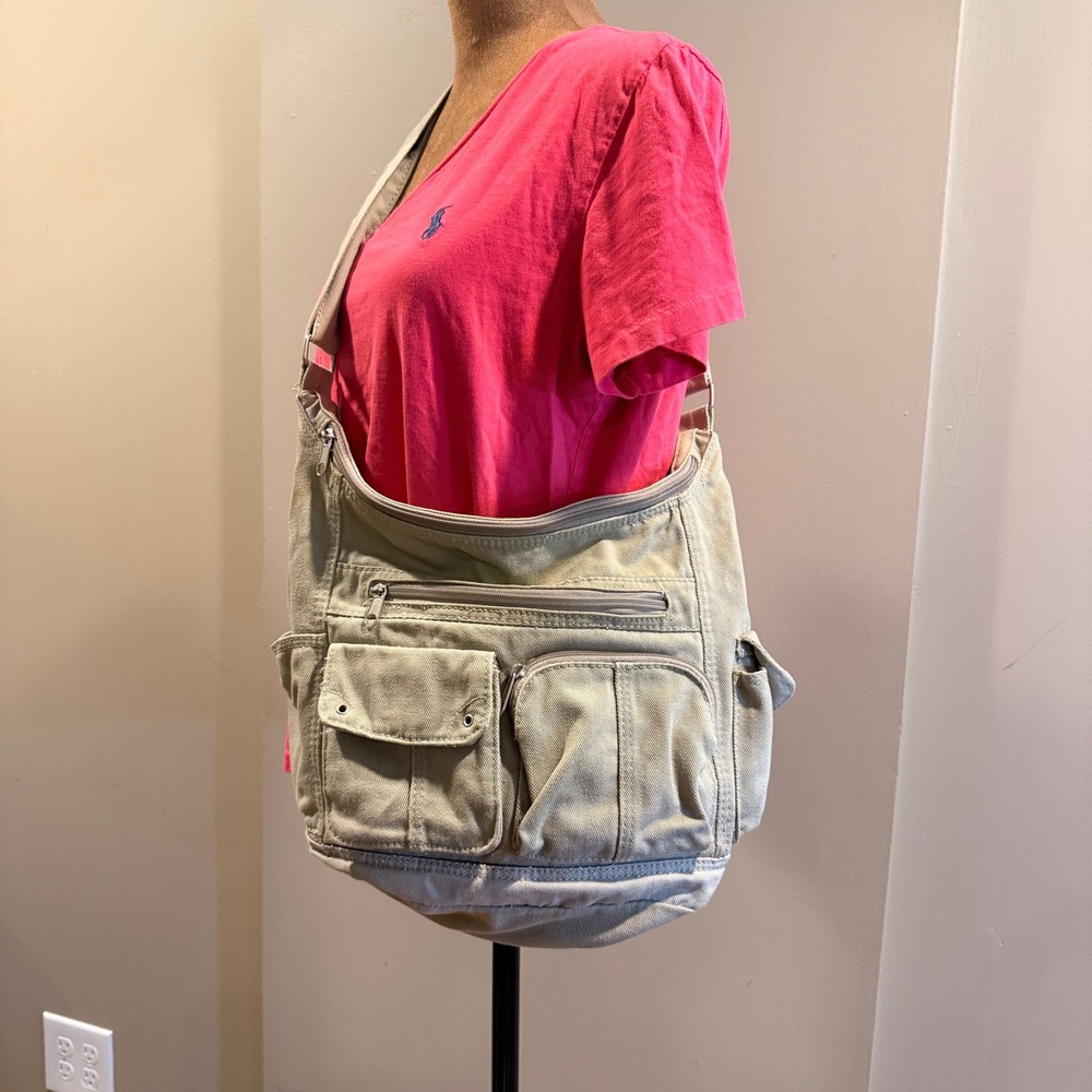 Vintage Y2K Washed Canvas Cargo Utility Hobo Bag Khaki Grunge Gorpcore Earthy